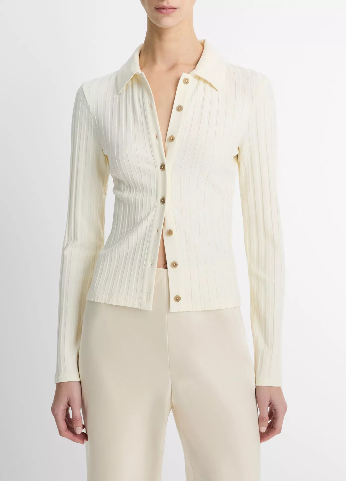 Vince  Ribbed Collared Long-Sleeve Button-Front Top