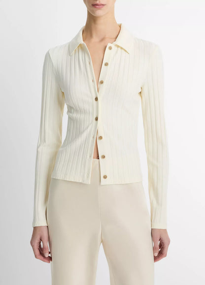 Vince  Ribbed Collared Long-Sleeve Button-Front Top