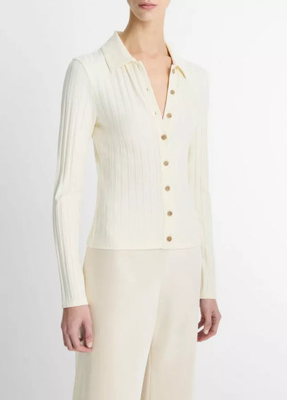 Vince  Ribbed Collared Long-Sleeve Button-Front Top
