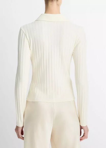 Vince  Ribbed Collared Long-Sleeve Button-Front Top