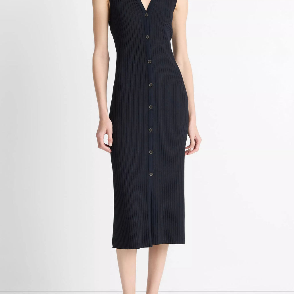 Vince Ribbed Cotton-Blend Button-Front Dress