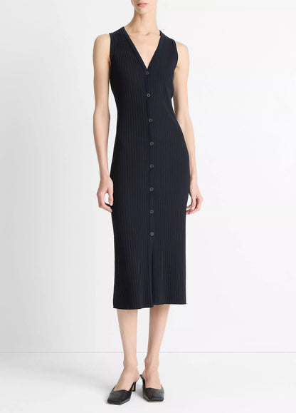 Vince Ribbed Cotton-Blend Button-Front Dress