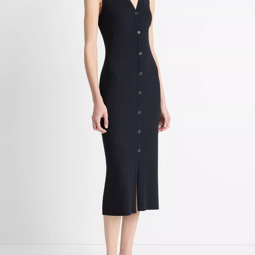 Vince Ribbed Cotton-Blend Button-Front Dress