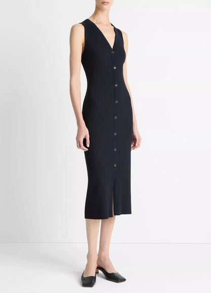 Vince Ribbed Cotton-Blend Button-Front Dress