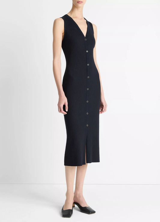 Vince Ribbed Cotton-Blend Button-Front Dress