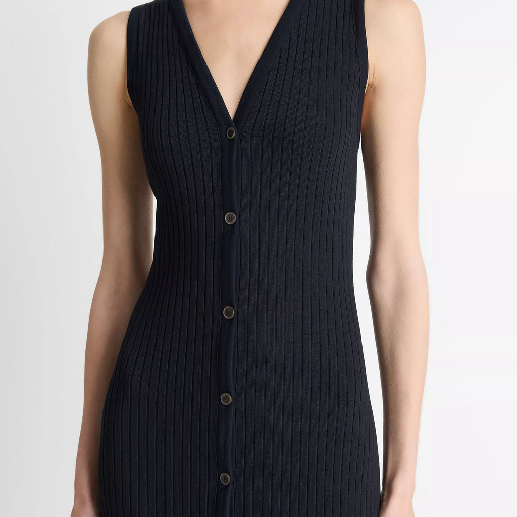 Vince Ribbed Cotton-Blend Button-Front Dress