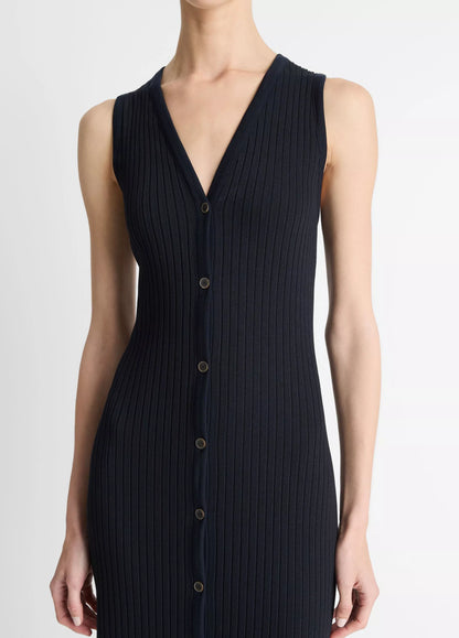Vince Ribbed Cotton-Blend Button-Front Dress