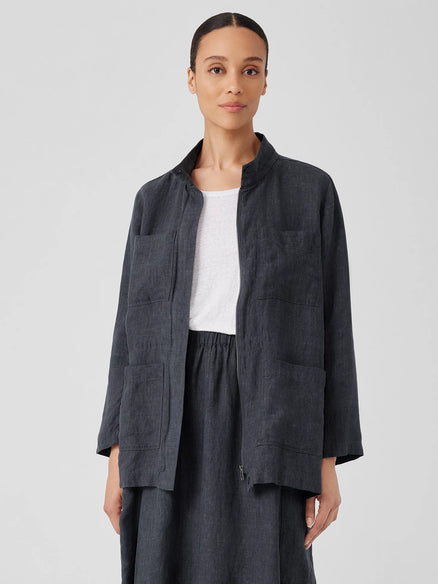 Eileen Fisher Washed Organic Linen Délavé Stand Collar Jacket