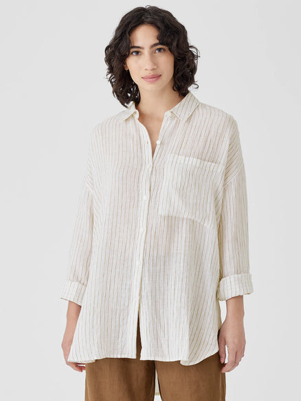 Eileen Fisher Puckered Organic Linen Classic Collar Long Shirt