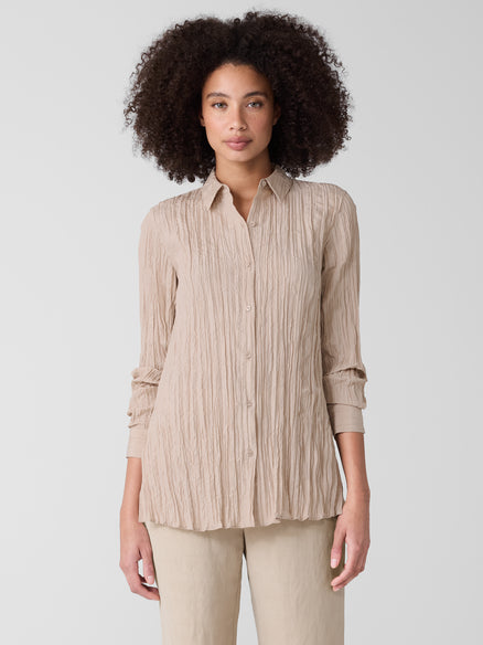 Eileen Fisher Crinkle Silk Habutai Classic Collar Shirt