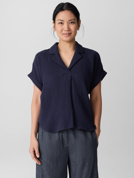 Eileen Fisher Organic Cotton Lofty Gauze Notch Collar Top