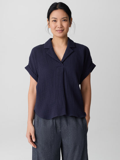 Eileen Fisher Organic Cotton Lofty Gauze Notch Collar Top