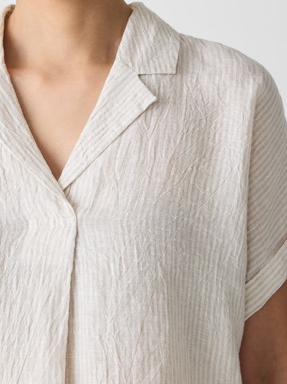 Eileen Fisher Puckered Organic Linen Stripe Notch Collar Top