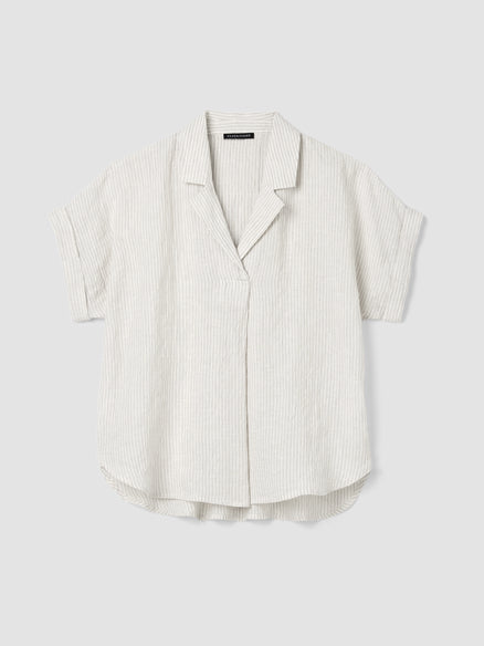 Eileen Fisher Puckered Organic Linen Stripe Notch Collar Top