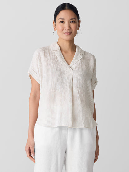 Eileen Fisher Puckered Organic Linen Stripe Notch Collar Top