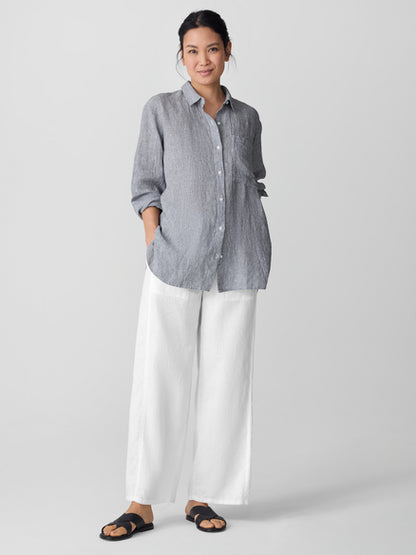 Eileen Fisher Puckered Organic Linen Stripe Classic Collar Long Shirt