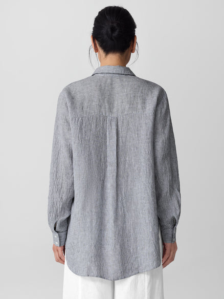 Eileen Fisher Puckered Organic Linen Stripe Classic Collar Long Shirt
