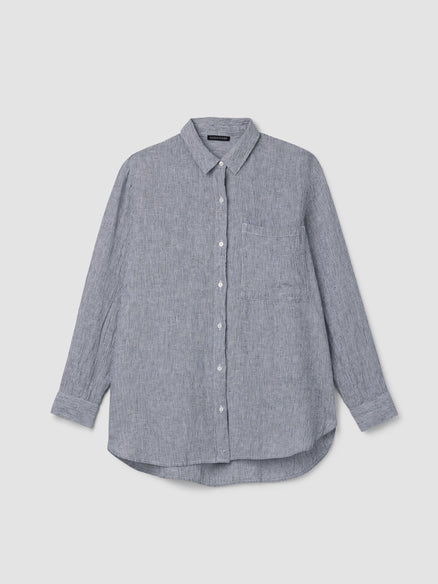 Eileen Fisher Puckered Organic Linen Stripe Classic Collar Long Shirt