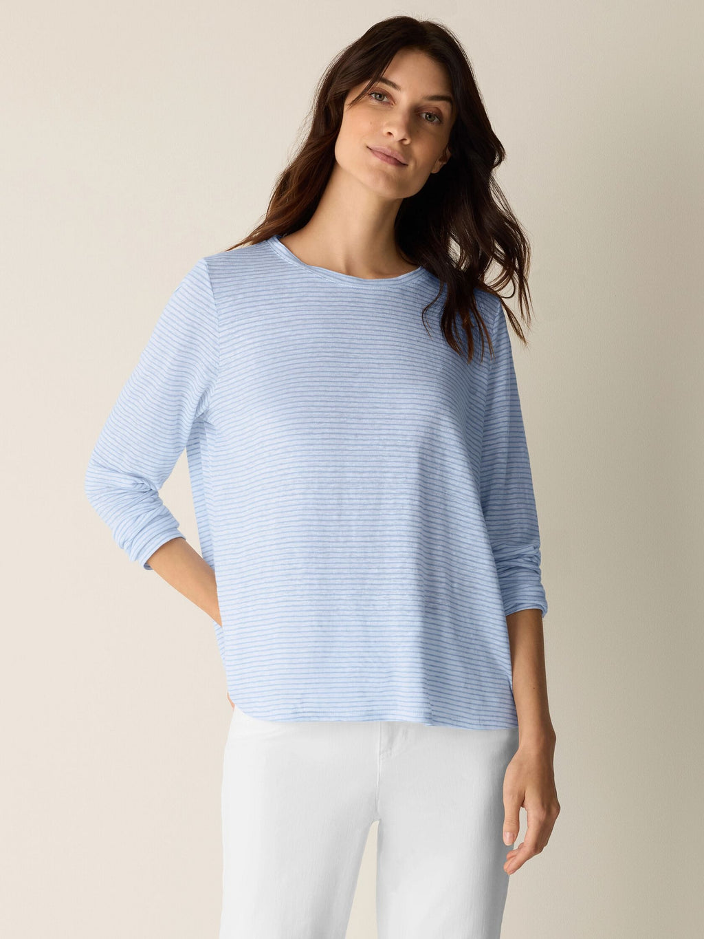 Eileen Fisher Striped Organic Linen Jersey Long-Sleeve Tee