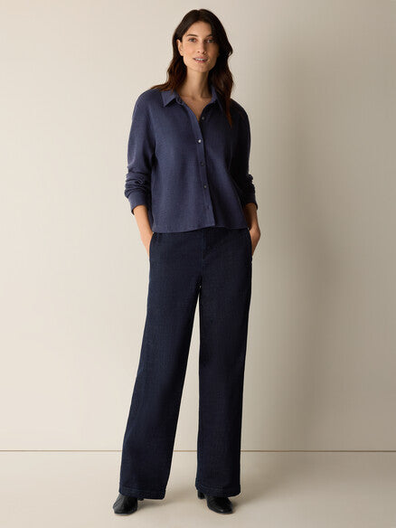 Eileen Fisher Cross Hatch Stretch Jersey Classic Collar Shirt