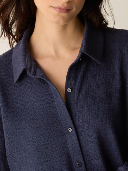 Eileen Fisher Cross Hatch Stretch Jersey Classic Collar Shirt