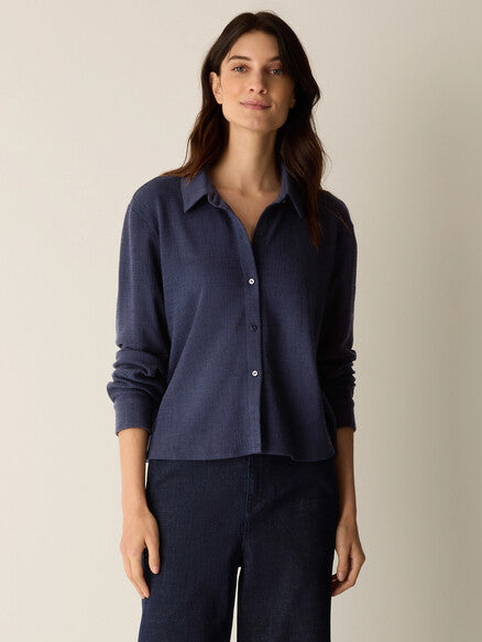 Eileen Fisher Cross Hatch Stretch Jersey Classic Collar Shirt