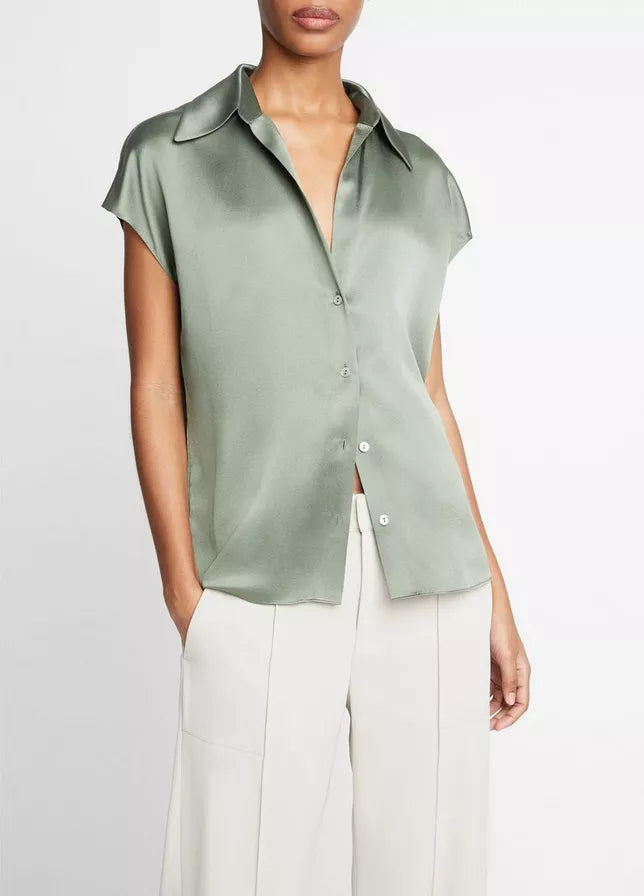 Vince  Silk Cap-Sleeve Ruched-Back Blouse