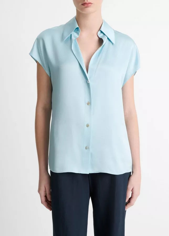 Vince Silk Cap-Sleeve Ruched-Back Blouse