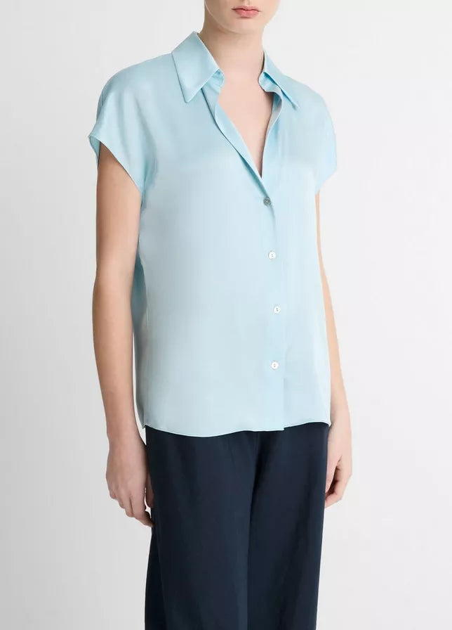 Vince Silk Cap-Sleeve Ruched-Back Blouse