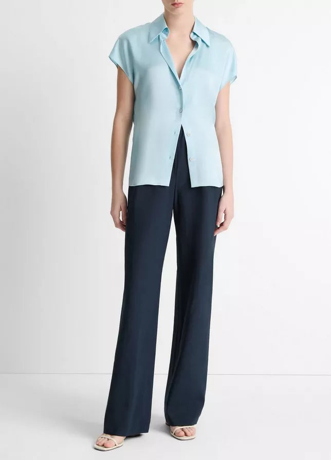 Vince Silk Cap-Sleeve Ruched-Back Blouse