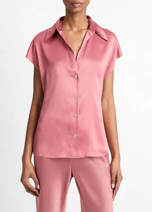 Vince Silk Cap-Sleeve Ruched-Back Blouse