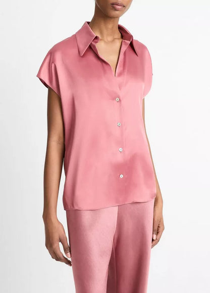 Vince Silk Cap-Sleeve Ruched-Back Blouse