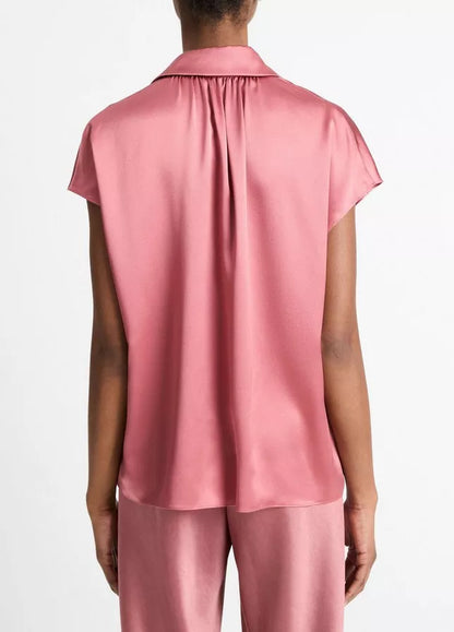 Vince Silk Cap-Sleeve Ruched-Back Blouse