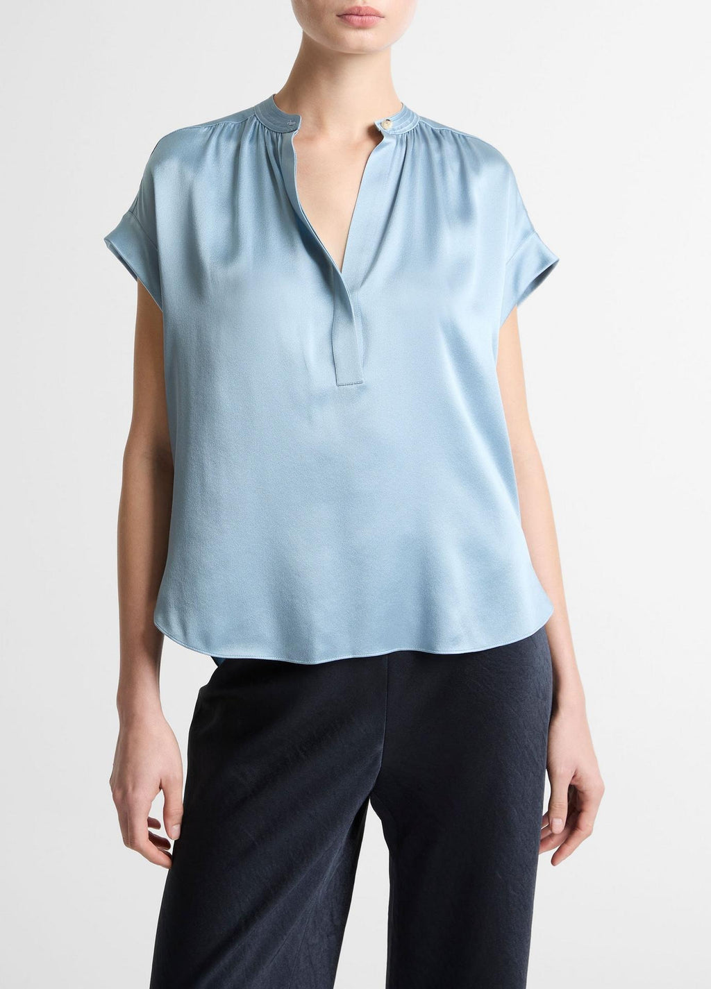 Vince Silk Gathered Cap-Sleeve Blouse