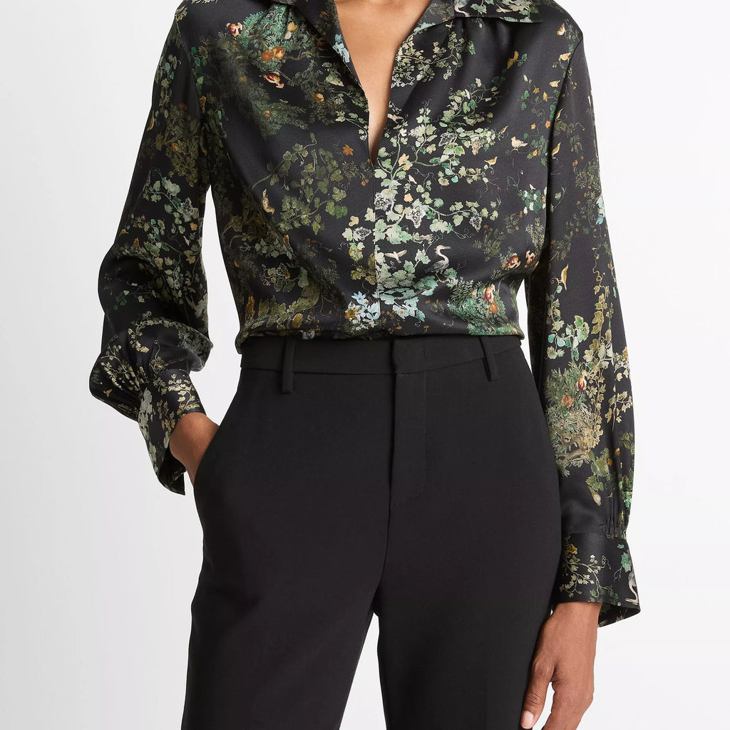 Vince Smocked Grape Vine Silk Long-Sleeve Blouse