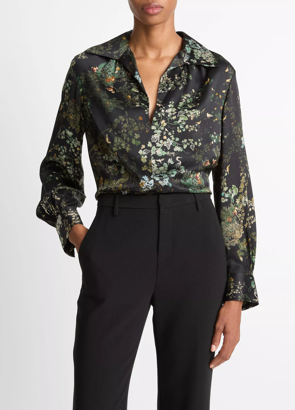 Vince Smocked Grape Vine Silk Long-Sleeve Blouse