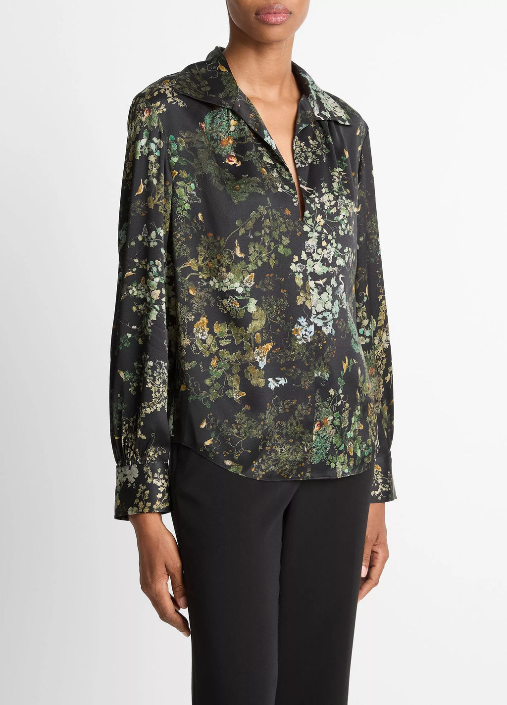 Vince Smocked Grape Vine Silk Long-Sleeve Blouse