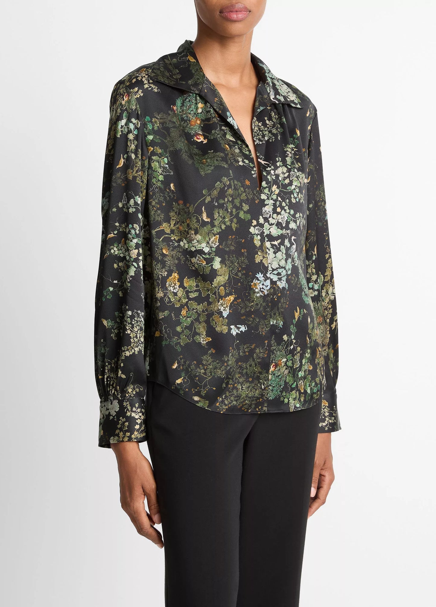 Vince Smocked Grape Vine Silk Long-Sleeve Blouse