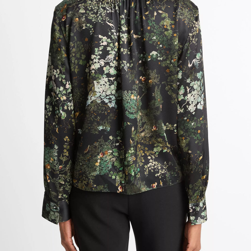 Vince Smocked Grape Vine Silk Long-Sleeve Blouse