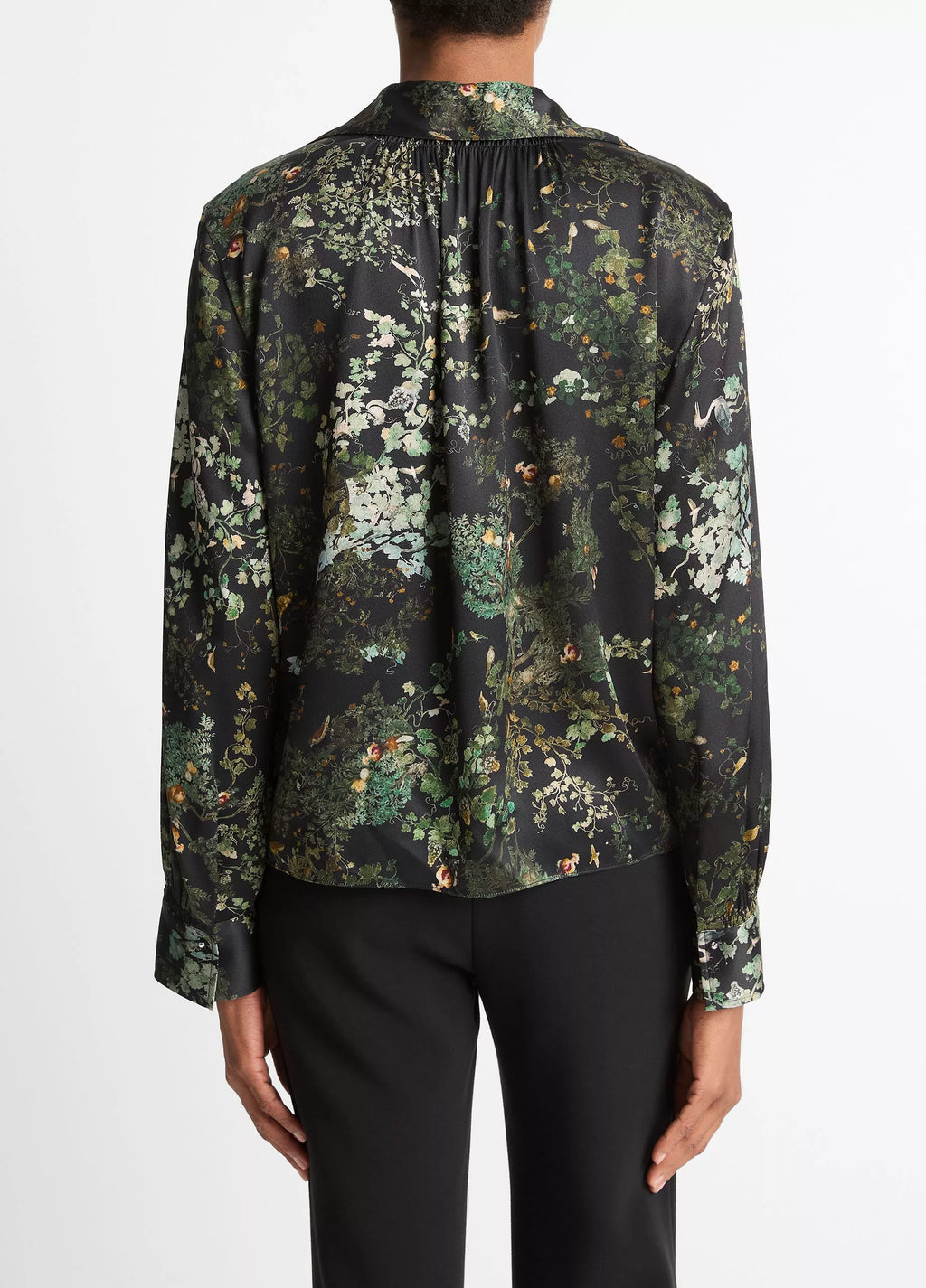 Vince Smocked Grape Vine Silk Long-Sleeve Blouse