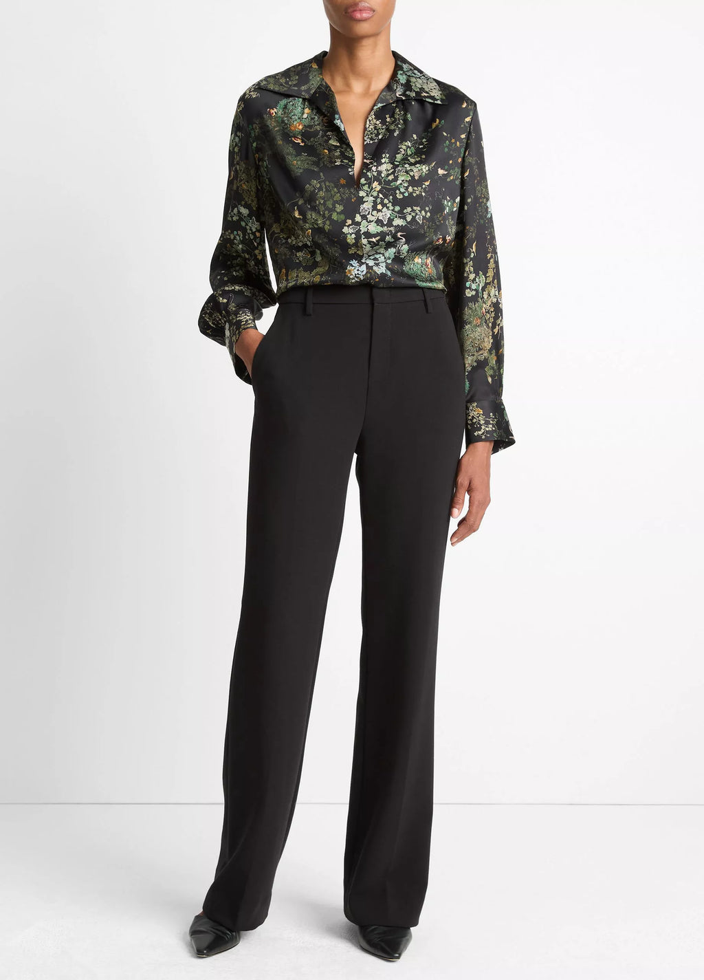 Vince Smocked Grape Vine Silk Long-Sleeve Blouse