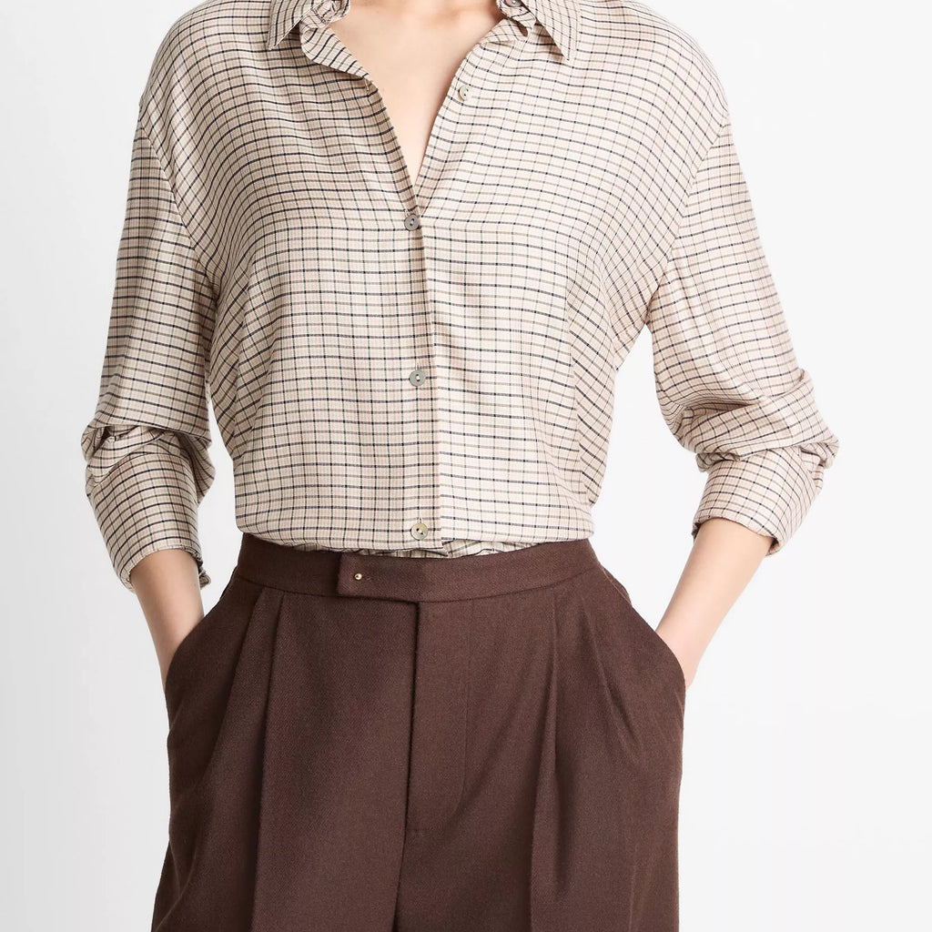 Vince Smocked Micro-Check Button-Front Shirt