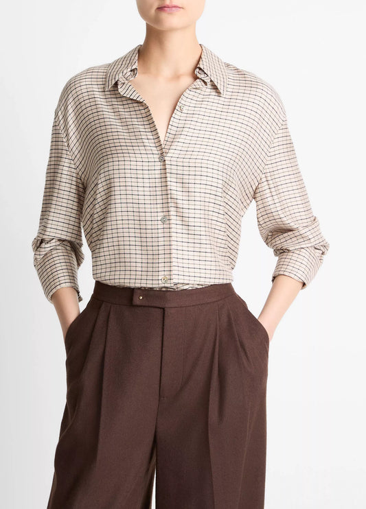 Vince Smocked Micro-Check Button-Front Shirt