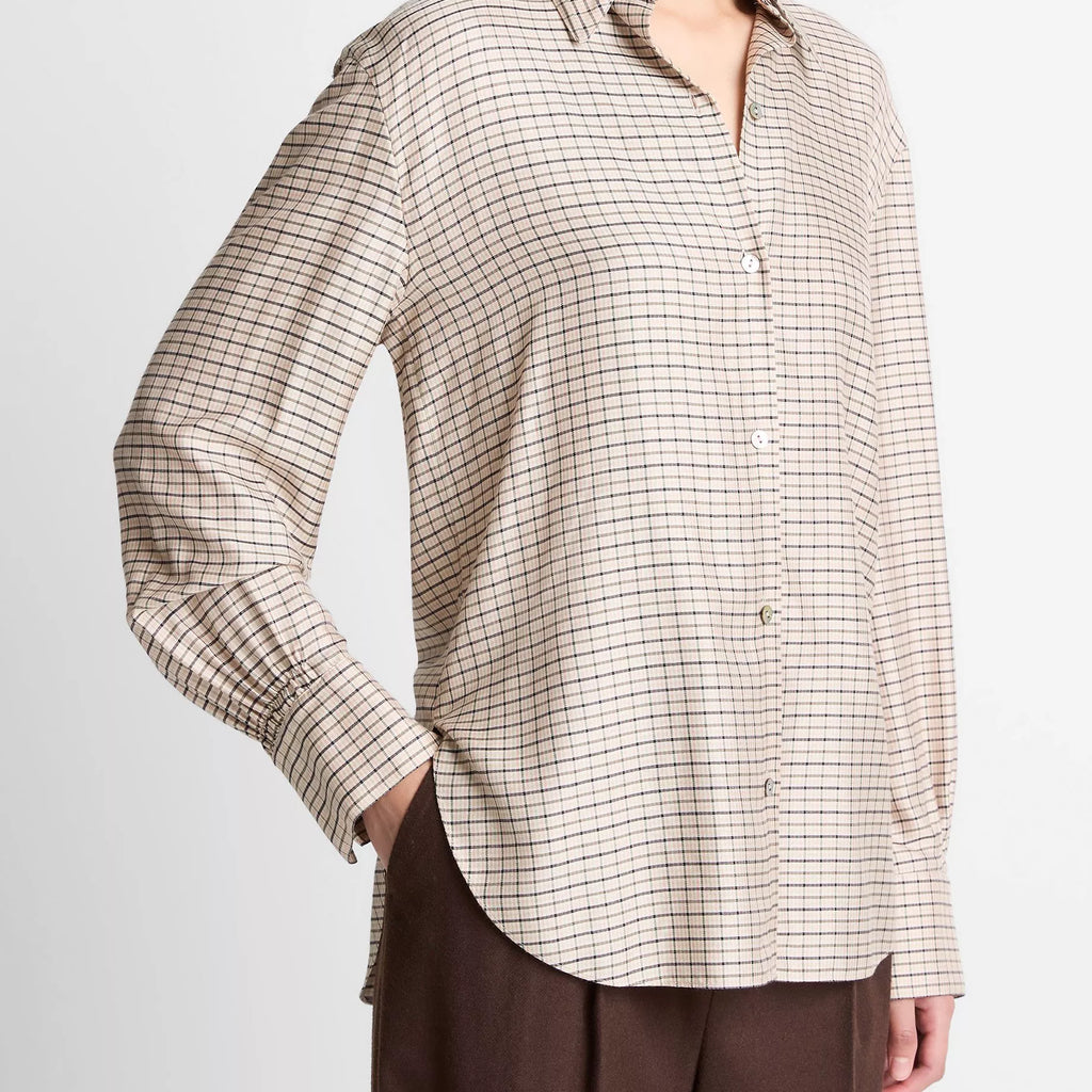 Vince Smocked Micro-Check Button-Front Shirt