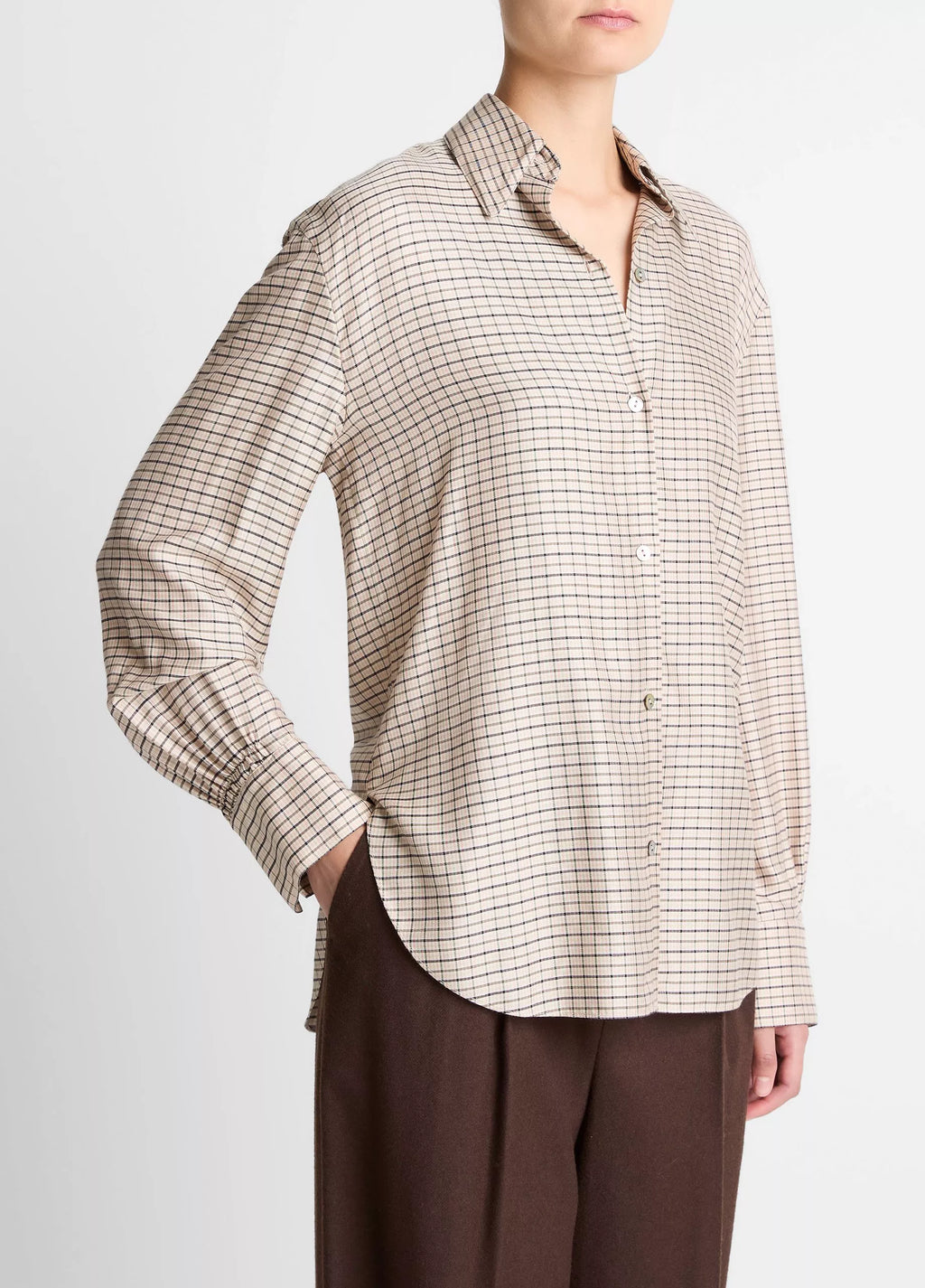 Vince Smocked Micro-Check Button-Front Shirt