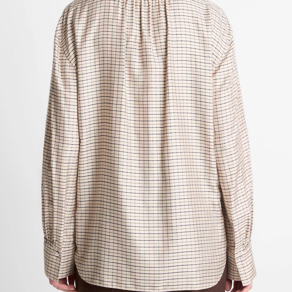 Vince Smocked Micro-Check Button-Front Shirt