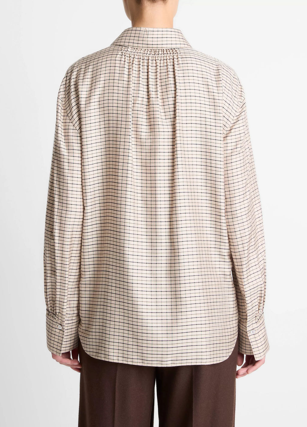 Vince Smocked Micro-Check Button-Front Shirt