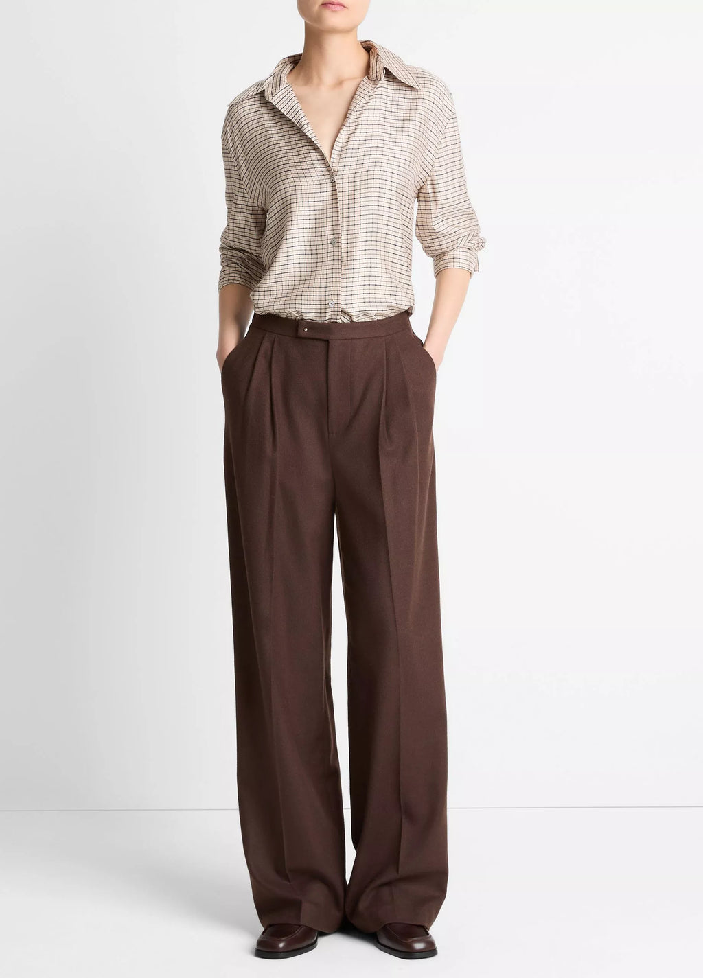 Vince Smocked Micro-Check Button-Front Shirt