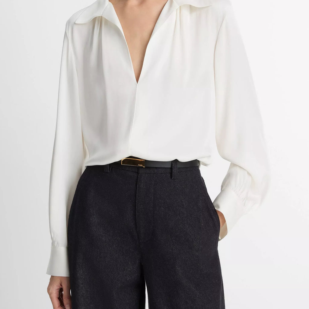 Vince  Smocked Silk-Blend Long-Sleeve Blouse