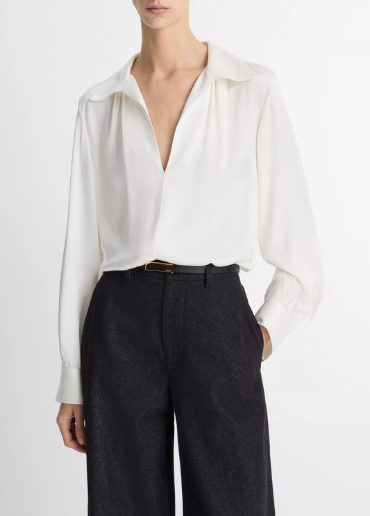 Vince  Smocked Silk-Blend Long-Sleeve Blouse